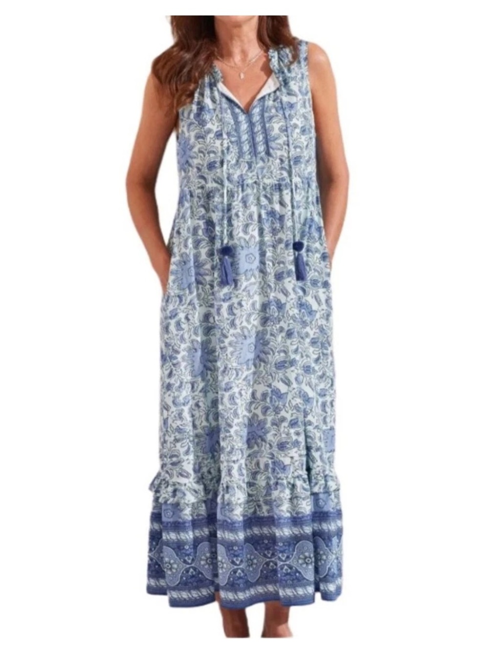 Tribal Blue Floral Boho Tassel Maxi Sundress – Very Good Condition Small